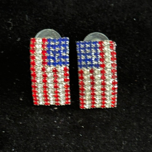 Accessories - Rhinestone American Flag Stud Earrings - Red, White & Blue